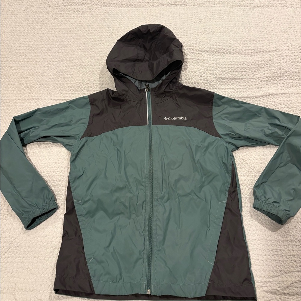 Columbia size M 10/12 Gray and Green Hooded Jacket lightweight shell